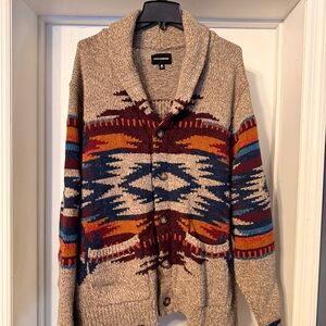 Lucky Brand Collar Southwestern Pattern Cardigan Sweater - Beige/Multi